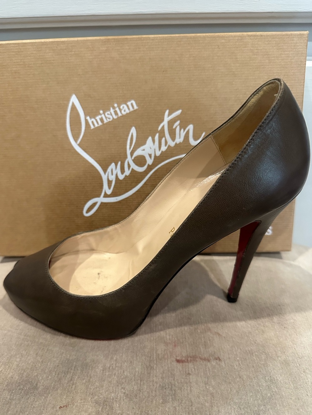 Christian Louboutin Brown Leather Peep-Toe Pump with Red Sole